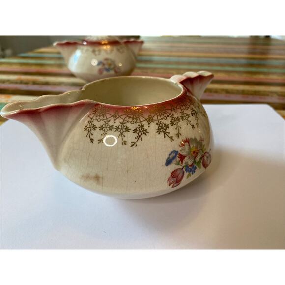 VINTAGE French Saxon China Gold Lace Floral Union Made Creamer Sugar Bowl Set - Picture 15 of 16